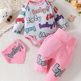 Conjunto De Atuendos De Bebe Para Nina Con Mameluco De Manga Larga Con Estampado De Letras Simple En Combinacion Con Gorro Para Pies, Babero Y Pantalon Largo