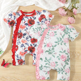 Conjunto Infantil Para Ninas Con Estampado Floral Mono Y Banda Para La Cabeza Para Primavera-verano