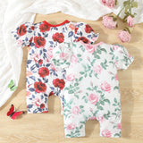 Conjunto Infantil Para Ninas Con Estampado Floral Mono Y Banda Para La Cabeza Para Primavera-verano