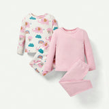 Cozy Cub Pijama Ajustado Para Nina Con Estampado De Elefante De Dibujos Animados, Conjunto De Pantalones Largos Y Camiseta De Manga Larga, 4 Piezas