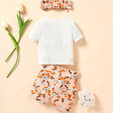 Conjunto De 3 Piezas Para Bebe Nina Con Camiseta De Manga Corta Estampada Con Letras, Shorts Con Estampado De Flores Y Diadema A Juego