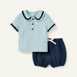 Cozy Cub Conjunto De Dos Piezas De Verano Para Bebe Nino Con Cuello De Muneca, Camiseta De Media Botonadura De Manga Corta Y Shorts De Panal De Color Solido