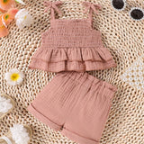 Conjunto De Top De Canale Y Pantalones Cortos Con Borde Ondulado Para Bebe Nina Recien Nacida