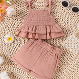 Conjunto De Top De Canale Y Pantalones Cortos Con Borde Ondulado Para Bebe Nina Recien Nacida