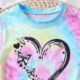 Playera con estampado de corazones de tie-dye y pantalones cortos de mezclilla con cintura de papel para nina preadolescente, para el verano