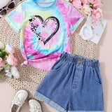 Playera con estampado de corazones de tie-dye y pantalones cortos de mezclilla con cintura de papel para nina preadolescente, para el verano