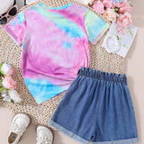 Playera con estampado de corazones de tie-dye y pantalones cortos de mezclilla con cintura de papel para nina preadolescente, para el verano