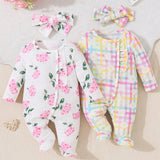 2 Piezas Set De Ropa De Bebe Nina Estampado De Cuadros Y Flores, Mono Para Dormir Con Pies Y Manga Larga