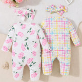 2 Piezas Set De Ropa De Bebe Nina Estampado De Cuadros Y Flores, Mono Para Dormir Con Pies Y Manga Larga