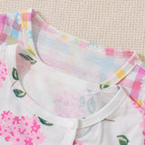 2 Piezas Set De Ropa De Bebe Nina Estampado De Cuadros Y Flores, Mono Para Dormir Con Pies Y Manga Larga