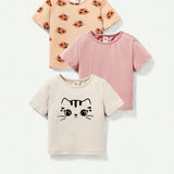 Cozy Cub Bebe Nina Casual Animal Dibujos Animados Impreso Cuello Redondo Manga Corta Top 3 Piezas Trajes