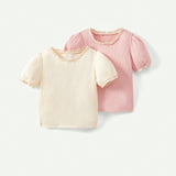 Cozy Cub Conjunto De 2 Piezas Para Bebe Nina - Camiseta De Punto Suave Con Manga Abultada Y Cuello Redondo Con Ribete Dentado En Contraste