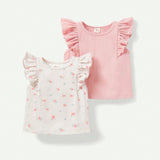 Cozy Cub Camiseta Con Cuello Redondo Para Nina Pequena Con Estampado Floral Y Detalle De Volantes, Juego De 2 Piezas.