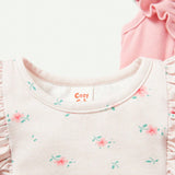 Cozy Cub Camiseta Con Cuello Redondo Para Nina Pequena Con Estampado Floral Y Detalle De Volantes, Juego De 2 Piezas.