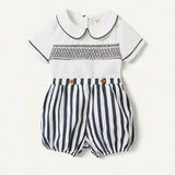 Cozy Cub Conjunto De Dos Piezas Para Bebe Nino, Camiseta De Cuello Muneca Con Detalle De Contraste Y Conjunto De Pantalon Corto Casual A Rayas, Azul Y Blanco