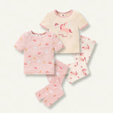 Cozy Cub Conjunto De Pijama Ajustado Para Bebe Nina Con Patron De Arcoiris Unicornio, Parte Superior De Cuello Redondo De Manga Corta Y Pantalones Con Pies, Ropa De Hogar