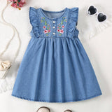 NEW Young Girls' Cute Ruffled Hem Flower Embroidered Denim Dress For Summer Everyday Wear