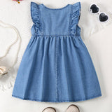 NEW Young Girls' Cute Ruffled Hem Flower Embroidered Denim Dress For Summer Everyday Wear