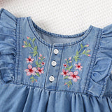 NEW Young Girls' Cute Ruffled Hem Flower Embroidered Denim Dress For Summer Everyday Wear