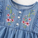 NEW Young Girls' Cute Ruffled Hem Flower Embroidered Denim Dress For Summer Everyday Wear