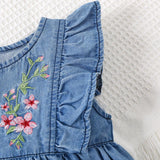 NEW Young Girls' Cute Ruffled Hem Flower Embroidered Denim Dress For Summer Everyday Wear