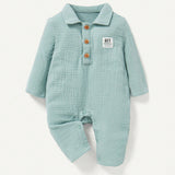 Cozy Cub Rompers Para Recien Nacidos Con Cuello De Solapa Vuelta, Manga Larga, Hombros Caidos Y Parche Decorativo Impreso Para Ninos