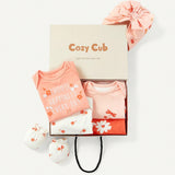 Cozy Cub Conjunto De 6 Piezas En Caja De Regalo Para Bebe Recien Nacido, Que Incluye Mono De Manga Corta Con Estampado Floral, Gorro Y Guantes