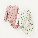 Cozy Cub Pijama Ajustada Para Bebe Nina, 4 Piezas/set Patron Floral Top Y Pantalones De Manga Larga Cuello Redondo