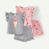 Cozy Cub 4 Prendas/set Para Ninas, Que Incluyen Una Camiseta De Manga Corta Con Estampado De Fresa Con Detalle De Volantes Y Lazo Decorativo Y Pantalones Cortos