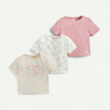 Cozy Cub 3 Piezas/set Bebe Nina Con Flor Estampada Cuello Redondo Tops Con Manga Corta