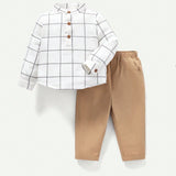 Cozy Cub Conjunto De Pantalon De Color Liso Y Top Informal Con Medio Boton A Cuadros Para Bebe Nino