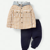 Cozy Cub Bebe nino Camisa con estampado de guingan con capucha con pantalones deportivos