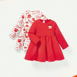 Cozy Cub Bebe nina 2 piezas Vestido con estampado de Navidad con parche de bolsillo