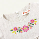 Cozy Cub Blusa Redonda De Cuello Bordado De Flores De Nina Con Cintura Fruncida