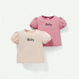 Cozy Cub Conjunto De Camiseta De Manga Corta Para Ninas Con Mangas Abullonadas, Cuello Redondo Y Letras Bordadas