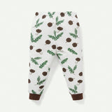 Cozy Cub Conjunto De Pijama Ajustado Para Bebe Nino Con Estampado De Plantas, Cuello Redondo, Top De Color En Contraste Y Pantalones Largos