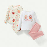 Cozy Cub Pijama Ajustado Para Nina, Camiseta De Manga Larga Con Cuello Redondo Y Pantalones Largos Con Estampado De Elfo, 4 Unidades/juego