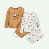 Cozy Cub Conjunto De Pijama De Mangas Largas Y Cuello Redondo Con Estampado De Cereza Y Pantalones Largos, 4 Piezas, Ajuste Comodo Para Nina