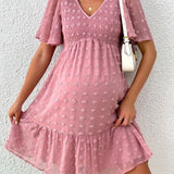 Vestido De Maternidad Con Estampado Swiss Dot, Cuello En V Con Adorno De Volantes Y Cintura Imperio