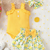 Conjunto de 3 piezas para bebe nina: enterizo casual con botones y detalle de volantes, falda con estampado de limones y diadema para vacaciones de verano