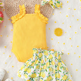 Conjunto de 3 piezas para bebe nina: enterizo casual con botones y detalle de volantes, falda con estampado de limones y diadema para vacaciones de verano