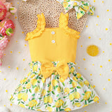 Conjunto de 3 piezas para bebe nina: enterizo casual con botones y detalle de volantes, falda con estampado de limones y diadema para vacaciones de verano