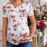 Camiseta Premama Ajustada Floral De Manga Corta Con Cuello Redondo Y Vacaciones Romanticas