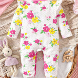 Pijama enteriza de punto acogedor para bebe nina con patron de flores frescas y decorada con lazo 3D