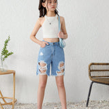 Pantalones Cortos Largos De Mezclilla Desgastados De Pierna Recta Y Holgados Con Dobladillo Crudo Rasgado Al Estilo Boho Para Ninas Jovenes En Primavera/verano, Conjunto De Ropa De Verano Para Ninas