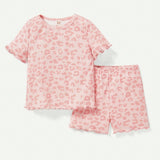 Cozy Cub Conjunto De Top Y Shorts Para Bebes Ninas Con Cuello Redondo, Mangas Cortas Y Estampado De Leopardo