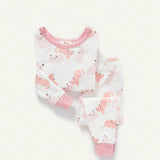 Cozy Cub Baby Girl Snug Fit Pajama Set With Fun Cat Pattern Color Block Round Neck Long Sleeve Pullover And Long Pants