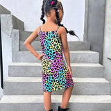 Vestido De Verano Casual Con Estampado De Leopardo Colorido, Con Lindo Mono Para Cola De Caballo, Para Nina Pequena