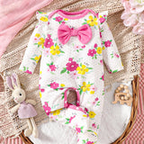 Pijama enteriza de punto acogedor para bebe nina con patron de flores frescas y decorada con lazo 3D