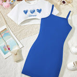 Conjunto de top y vestido de tirantes con estampado de corazon simple para nina preadolescente